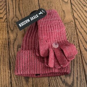 Steve Madden Red Knit Hat and Gloves Set